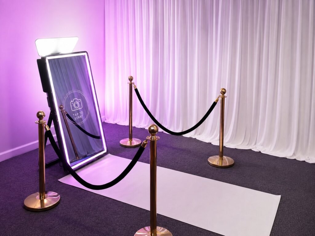 QOQO Productions mirror photo booth set up in an elegant event space with red-carpet-style stanchions and purple ambient lighting