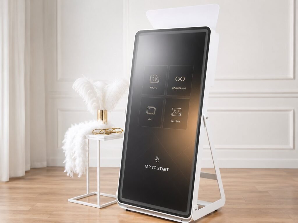 QOQO Productions mirror photo booth on display with a touch-start photo, boomerang, GIF, and gallery menu